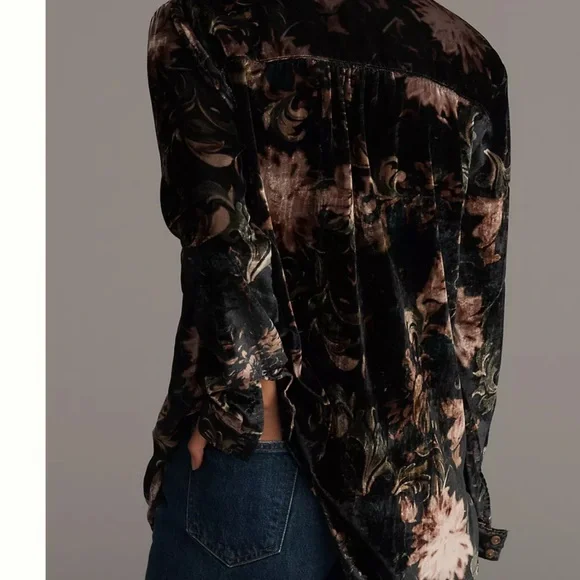 Pilcro by Anthropologie Velvet Button-Up Shirt - Black and Brown S - Picture 2 of 3